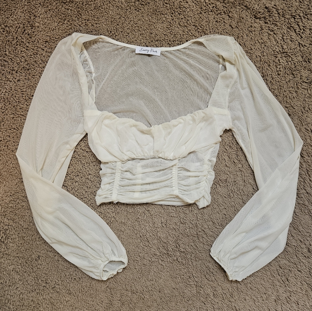 Emory Park White Ruched Mesh Crop Top